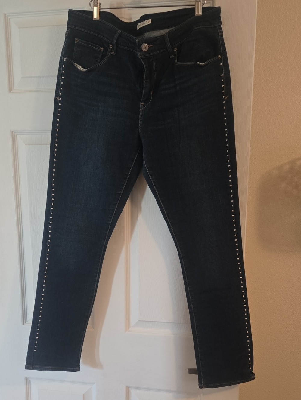 Skinny Dark Wash Jeans with Side Stud Trim - Unbranded
